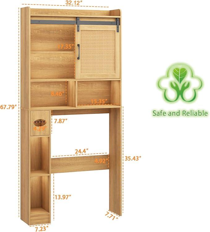 Over The Toilet Storage Cabinet, Farmhouse Rattan Storage Cabinet Over Toilet with Sliding Doors & Toilet Paper Holder Stand, Home Space-Saving Toilet Rack, for Bathroom, Laundry(Rattan Oak). - ModernBath