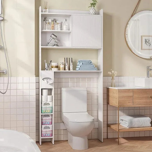 31.5" W Over The Toilet Storage Cabinet with Sliding Door, Bathroom Above Toilet Storage Cabinet with Adjustable Shelves, Toilet Paper Holder, Space Saver Cabinet for Bathroom, White - ModernBath