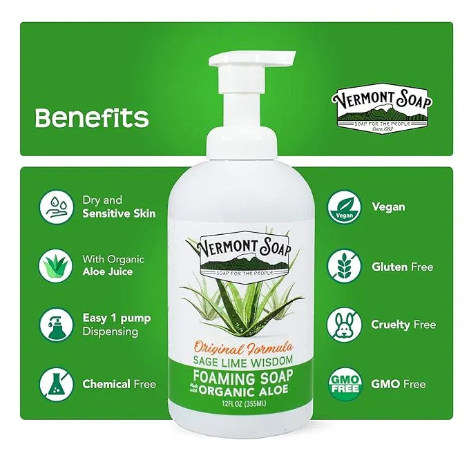 VERMONT SOAP Organic Sage Lime Wisdom Foaming Hand Soap - Natural Moisturizing Soap for Dry Skin - Fragrance Free Liquid Bathroom Hand Soap Dispenser - Sage Lime Wisdom - 12 oz - ModernBath