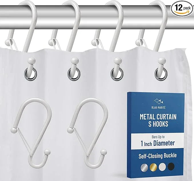 Blau Marité 12 Decorative Metal Shower Curtain Hooks, S-Shaped Hooks with Anti-Fall System, Rust-Proof Shower Rings with Safety Buckle, Fits Rods Up to 1-Inch Diameter (S, White) - ModernBath