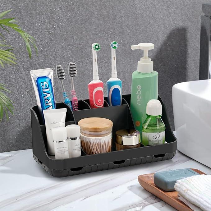 GFWARE Black Toothbrush Holder - 7 Slots Bathroom Organizer Countertop with Drainage Matte Black Electric Toothbrush and Toothpaste Holder for Bathroom Accessories Organization Vanity Sink Storage - ModernBath