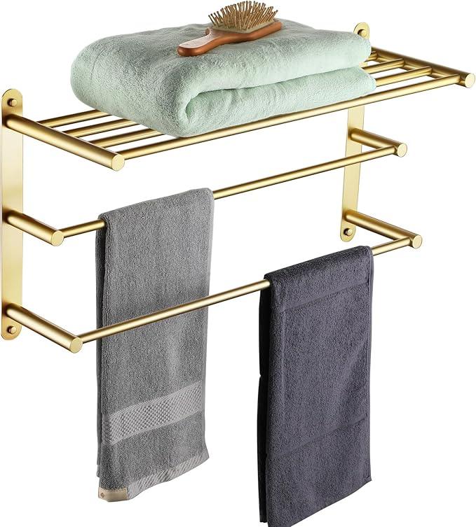 KOKOSIRI 3 Tier Bath Towel Rack 24 Inch Wall Mounted Rack with Towel Bars Towel Shelf with Single Towel Bar Bathroom Ladder Brushed Gold B5003BG - ModernBath