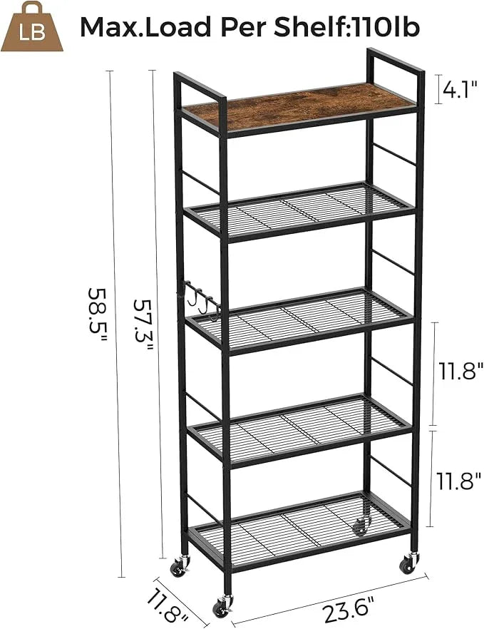 5-Tier Metal Storage Rack with Industrial Wheels,Mesh Shelving Unit with Wooden Table top,Adjustable Shelf,23.6-Inch Width,for Kitchen, Laundry,Pantry,Plant,Black - ModernBath