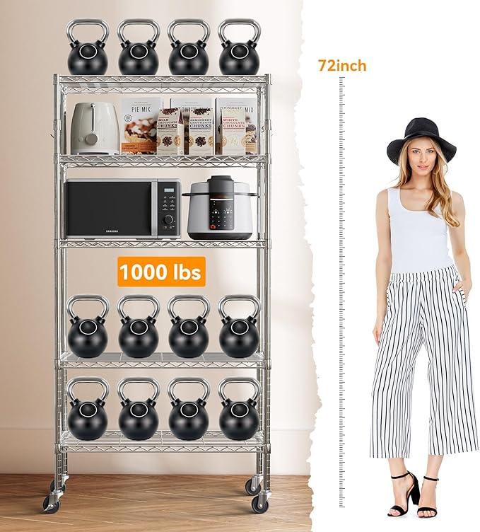 YNN Storage Shelves,1750Lbs 5 Tier Heavy Duty Metal Rolling Shelving Unit with Wheels & 8 Hooks, Adjustable Garage Wire Rack for Kitchen, Bathroom,Industrial,Pantry(36" W x 14" D x 72" H, Chrome) - ModernBath