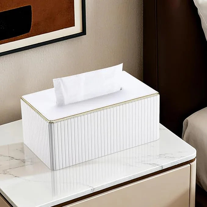 KINGFOM Rectangular Tissue Box Cover, PU Leather Tissue Box Holder with Magnetic Bottom, Napkin & Facial Tissue Holder Dispenser Decorative Box Cover for 120-count (3-Ply) 160-count (2-Ply) White - ModernBath