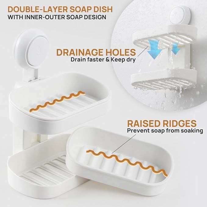 LEVERLOC Soap Dish Holder for Shower Double Layer Suction Cup Wall Mounted NO-Drilling Self Draining Removable Waterproof Strong Suction Bar Soap Sponge Holder for Shower Bathroom Bathtub Kitchen - ModernBath