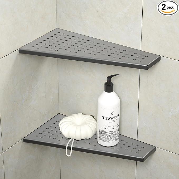 Corner Shower Shelf, 12" Trapezoid Grout in Shelf 304 Stainless Steel Grid Design Recessed Bathroom Shelf for Tiled Wall (Gunmetal, 12"-2 Pack) - ModernBath
