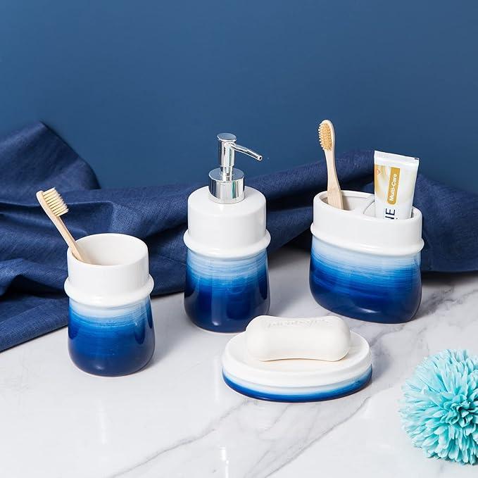 RZCNC Navy Blue Bathroom Accessories Set, 4-Piece Blue Ceramic Bathroom Decorations Accessories Set,Contain Toothbrush Cup,Soap Dispenser,Soap Dish,Tumbler - ModernBath