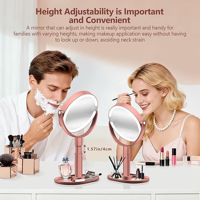 MIYADIVA Makeup Mirror with Lights, 30X Magnifying Mirror with Light and Touch Switch, Vanity Mirror with 3 Color Light and 80 LEDs, Height Adjustable Desk Mirror with Lights, Rose - ModernBath