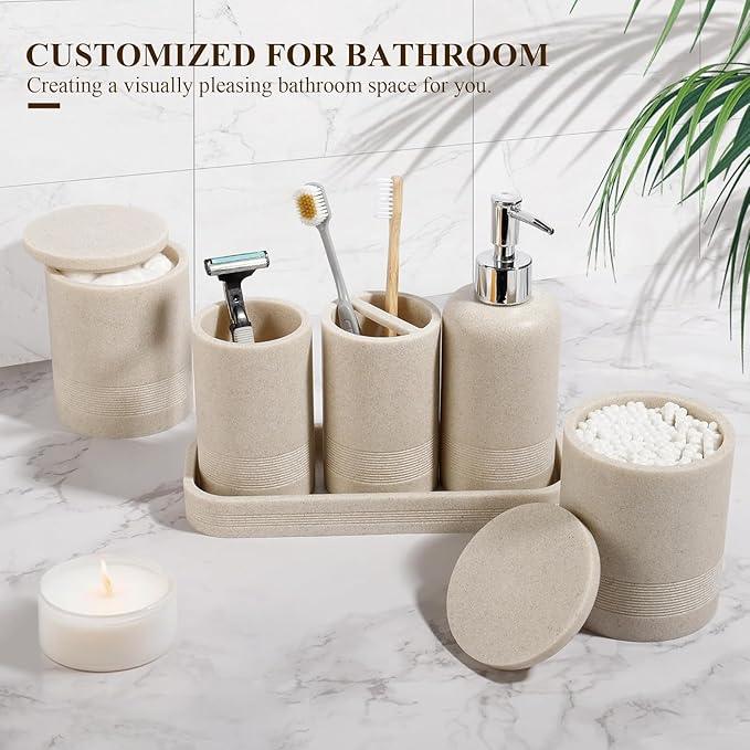 Bathroom Accessories Set, 6-Piece Bathroom Accessory Set, Toothbrush Holders Set, Soap Dispenser, Vanity Tray, Tumbler, Cotton Swab Jars, Bathroom Organizer for Modern Bathrooms(Beige) - ModernBath