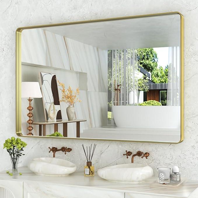 WEER Gold Bathroom Mirror, 55X36 Inch Brushed Gold Metal Frame Mirror, Rounded Rectangle Gold Bathroom Vanity Mirror for Wall, Tempered Glass, Anti-Rust, Hangs Horizontally or Vertically - ModernBath
