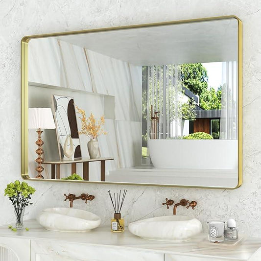 WEER Gold Bathroom Mirror, 55X36 Inch Brushed Gold Metal Frame Mirror, Rounded Rectangle Gold Bathroom Vanity Mirror for Wall, Tempered Glass, Anti-Rust, Hangs Horizontally or Vertically - ModernBath