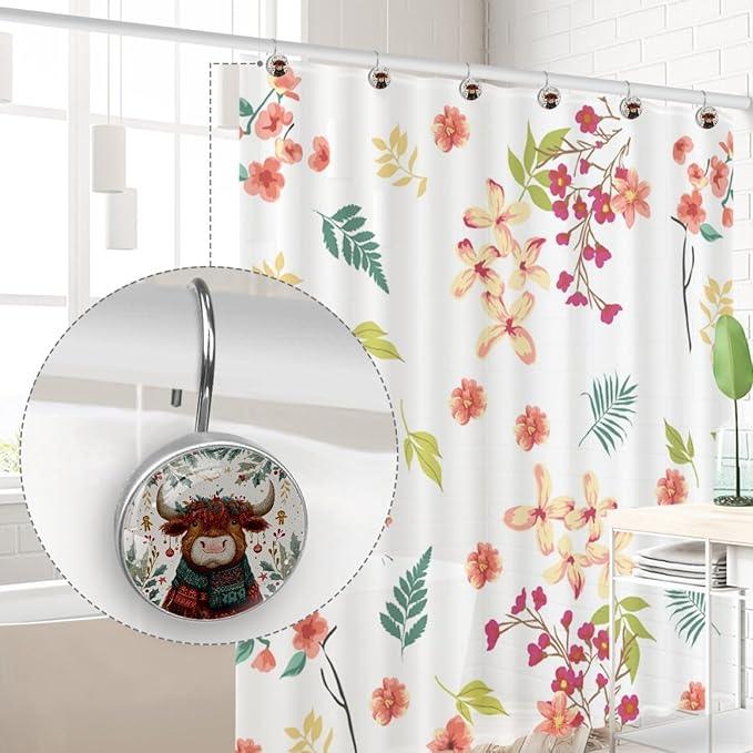 Highland Cows and Leaves Rust Proof Shower Curtain Hooks 12Pcs for Bathroom Shower Rod, Decorative Shower Hooks Shower Curtain Hanger Rings Roller, Glass, Resin, Stainless Steel - ModernBath