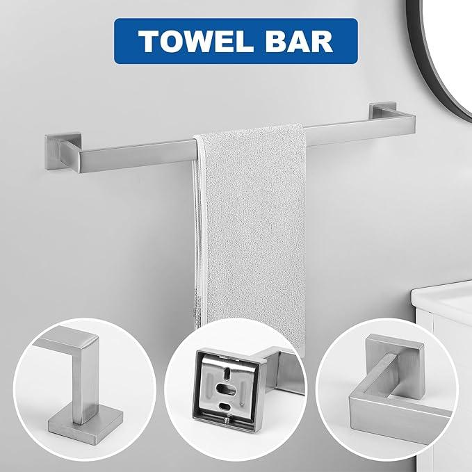 Cilee 10-Pieces Bathroom Hardware Set - Brushed Nickel Bathroom Accessories, 24 Inch Towel Bar, Square Towel Ring, Toilet Paper Holder, Towel Hook, Wall-Mounted Stainless Steel Towel Bar Rack Set - ModernBath