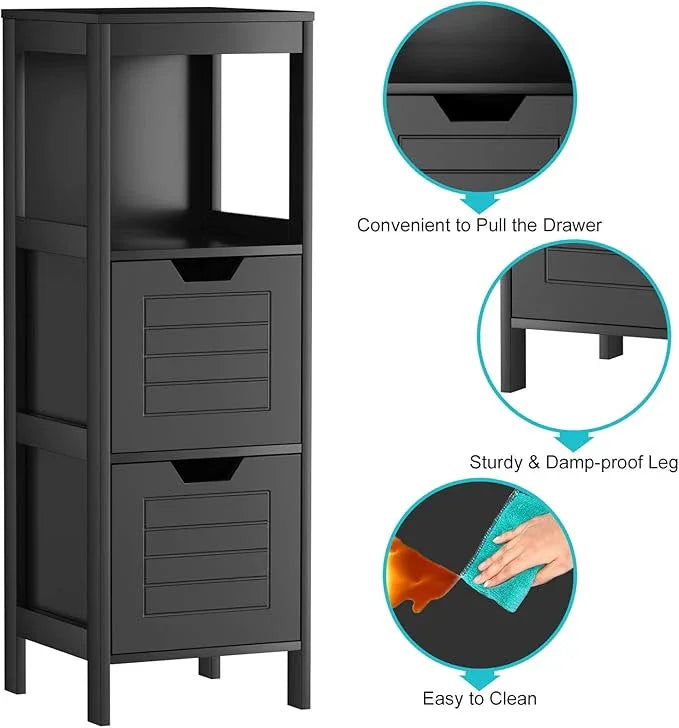 Tangkula Bathroom Floor Cabinet, Narrow Wood Storage Tower w/2 Switchable Drawers, Multifunctional Side Storage for Bathroom, Freestanding Small Cabinet for Small Spaces, 12 x 12 35 Inch (Black) - ModernBath