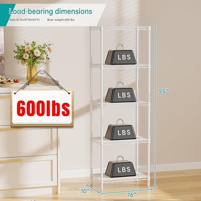 SINGAYE 5 Shelves Storage Shelf Wire Closet Bathroom Organizers Metal Pantry Kitchen Small Garage Shelving Unit Laundry Room Organization Home Corner Rack Estantes para Cocina White 10" Dx16 Wx55”H - ModernBath