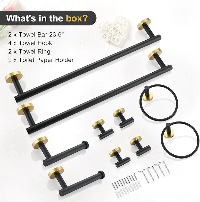 TQKAG Black and Gold Bathroom Hardware Accessories Set 10-Pieces, Premium SUS304 Stainless Steel Bathroom Towel Bar Holder Set 23.6 Inch Round Towel Racks for Bathroom Wall Mounted - ModernBath