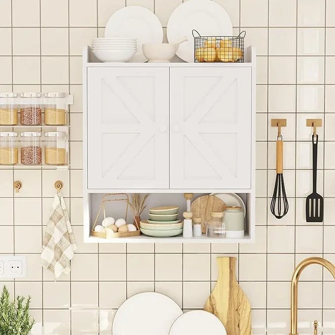 EasyCom Bathroom Cabinet Storage, Farmhouse Medicine Cabinet with Adjustable Shelves and Double Barn Doors, Over The Toilet Storage Cabinet for Bathroom, Kitchen, Living Room, White - ModernBath