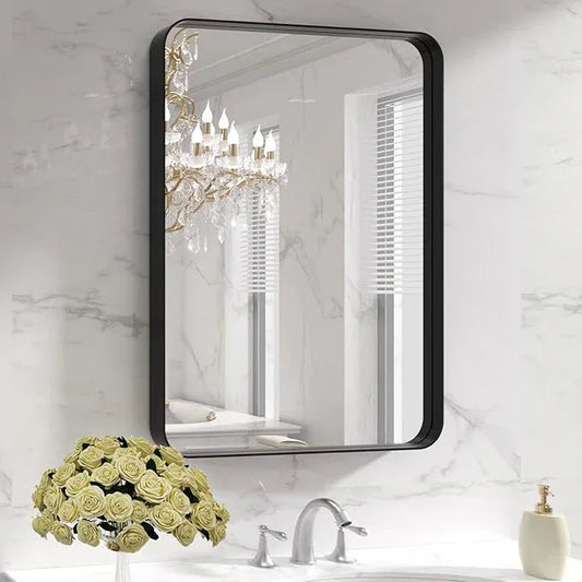 LOAAO Black Metal Framed Bathroom Mirror for Wall, 22X30 Inch Rounded Rectangle Mirror, Matte Black Bathroom Vanity Mirror Farmhouse, Anti-Rust, Hangs Horizontally or Vertically - ModernBath