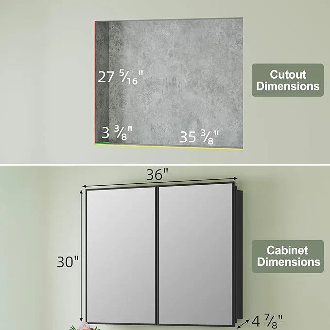 Buruis 36" x 30" Framed Medicine Cabinet with Mirror, Recessed or Wall Mounted Bathroom Cabinet, Adjustable Tempered Glass Shelves, Left/Right Open Reversible, No Assembly Required, Black - ModernBath
