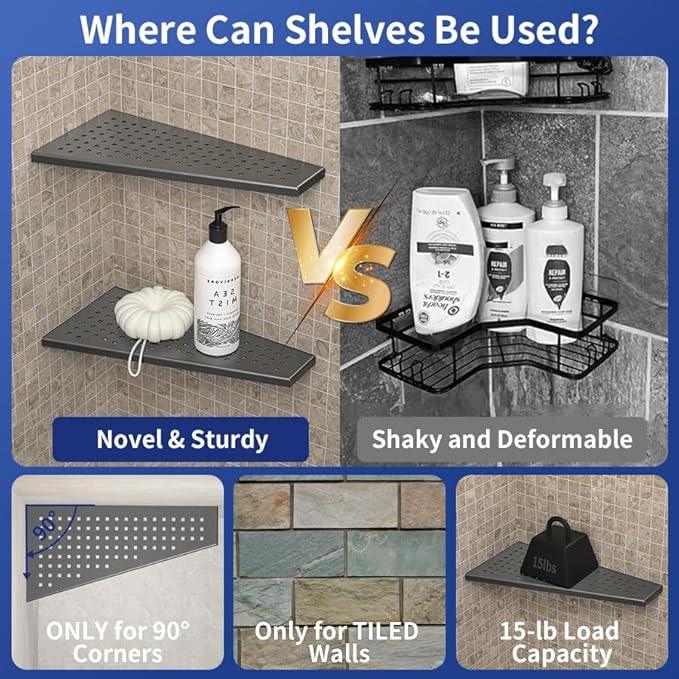 Corner Shower Shelf, 12" Trapezoid Grout in Shelf 304 Stainless Steel Grid Design Recessed Bathroom Shelf for Tiled Wall (Gunmetal, 12"-2 Pack) - ModernBath