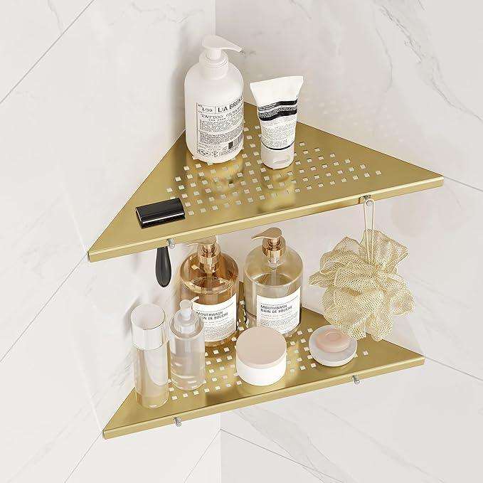 10" Bathroom Corner Shelf, 2 Pack Recessed Shower Shelf Caddy, SUS304 Stainless Steel Shelf Wall Mount Triangular, No Drilling Brushed Golden - ModernBath