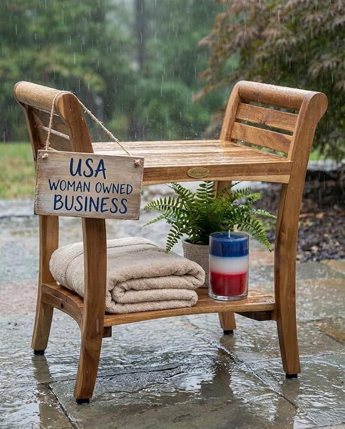 EcoDecors Symmetry 24 Inch Natural Color Waterproof Teak Wood Shower Bench Stool Seat Chair For Inside Shower Storage Shelf Provides Safety, Storage, and Organization For Bathroom Accessories - ModernBath