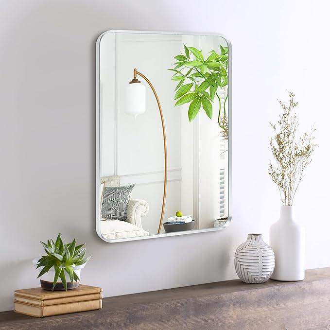 Minuover Wall Mount Mirror for Bathroom, Brushed Silver Metal Framed Rounded Corner Rectangular Vanity Mirror (18" x 24", Silver) - ModernBath