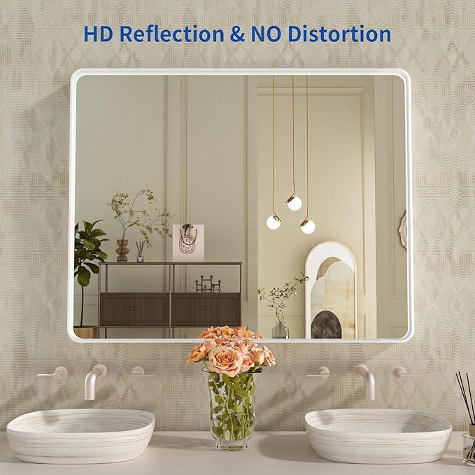 WEER White Bathroom Mirror 40X30 Inch, Rounded Rectangle White Metal Frame Mirror, Matte White Bathroom Vanity Mirror with Tempered Glass, Anti-Rust, Hangs Horizontally or Vertically - ModernBath