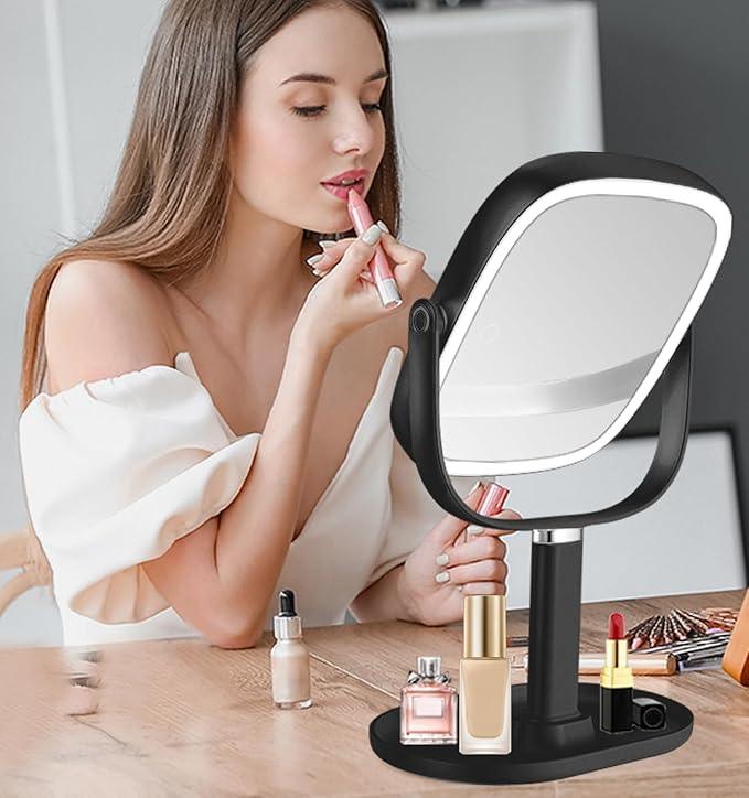 Lighted Makeup Mirror, 2600mAh Rechargeable 1x/10x Magnifying Vanity Mirror, 8.5" Height Adjustable Makeup Mirror with Lights 3 Color, 360° Rotation 2-Sided Light up Large Desk Mirror - Black - ModernBath