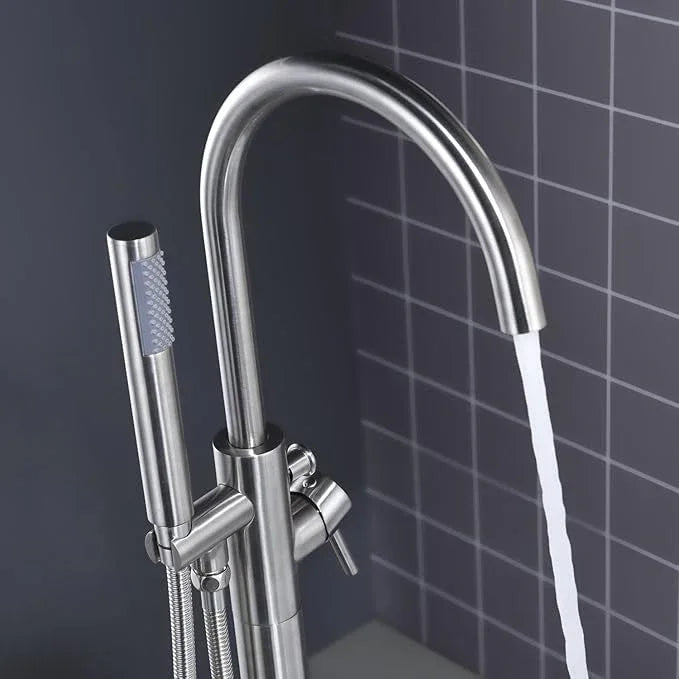 Freestanding Tub Filler Bathtub Faucet Brushed Nickel Floor Mount Single Handle Brass Faucets with Hand Shower - ModernBath
