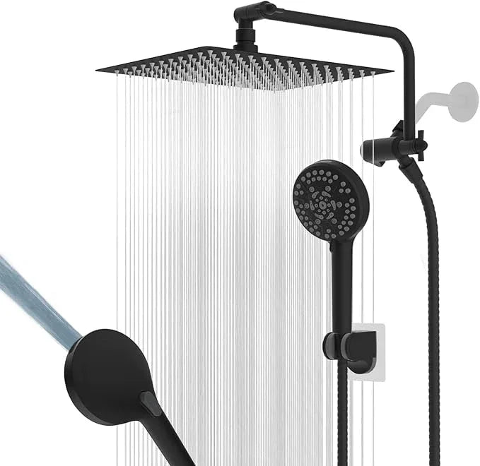 12" All Metal Shower Head, High Pressure Rainfall Shower Head/Handheld Showerhead Combo with 11" Adjustable Shower Extension Arm, 71" Hose, Shower Head Holder, Matte Black - ModernBath