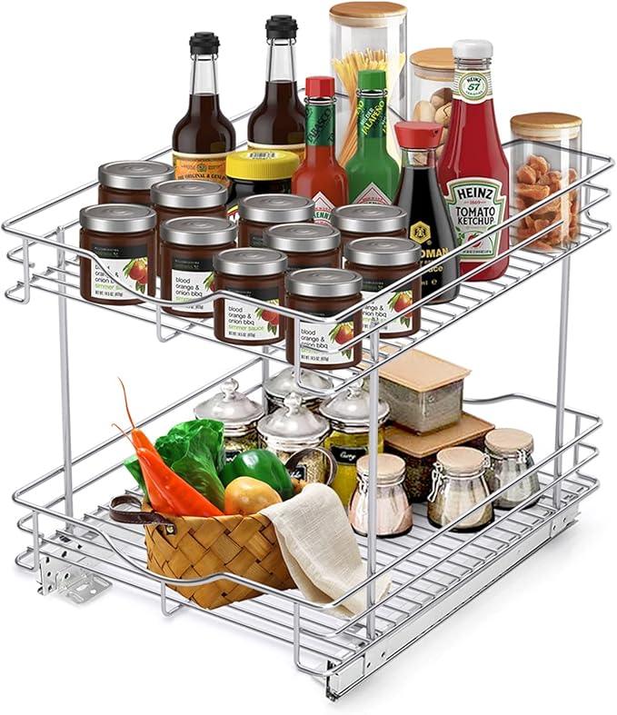 FULGENTE Chrome Finish Pull Out Drawer Cabinet Organizer 2 Tier (14" W X 18" D) Sliding Drawers For Kitchen Cabinets Cookware Organizer Drawer For Cabinet Slide Out Shelves - ModernBath