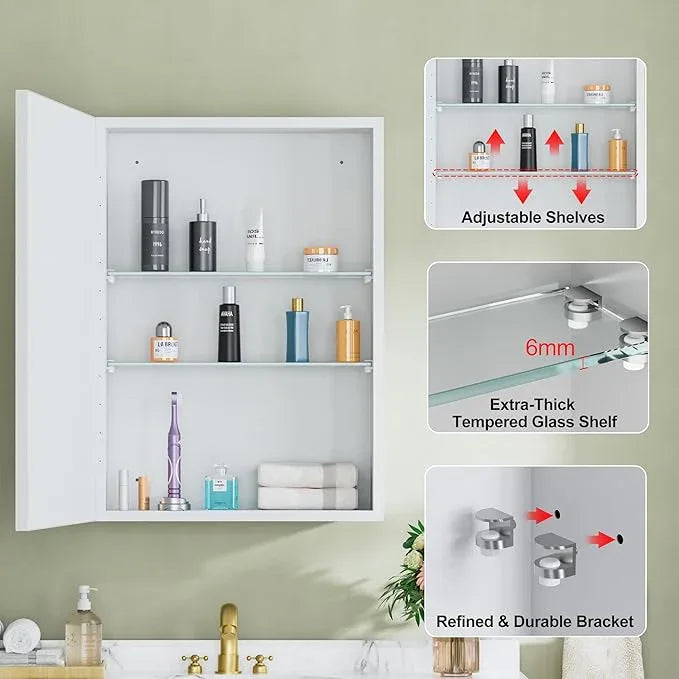 Buruis 20" x 28" Framed Medicine Cabinet with Mirror, Recessed or Wall Mounted Bathroom Cabinet, Adjustable Tempered Glass Shelves, Left/Right Open Reversible, No Assembly Required, White - ModernBath
