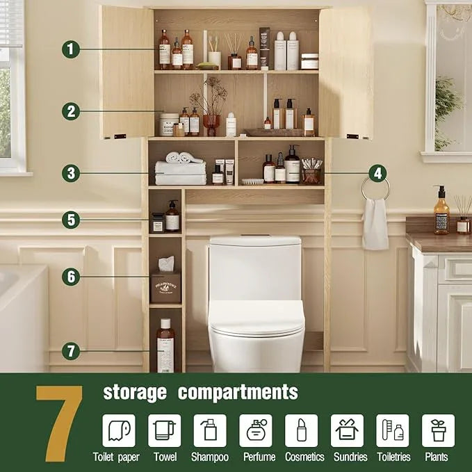 31''W Over The Toilet Storage Cabinet with Fluted Door, Oak Bathroom Organizer with Adjustable Shelf, 67''H Tall Natural Toilet Paper Holder Stand Wave Door for Restroom, Laundry Room - ModernBath