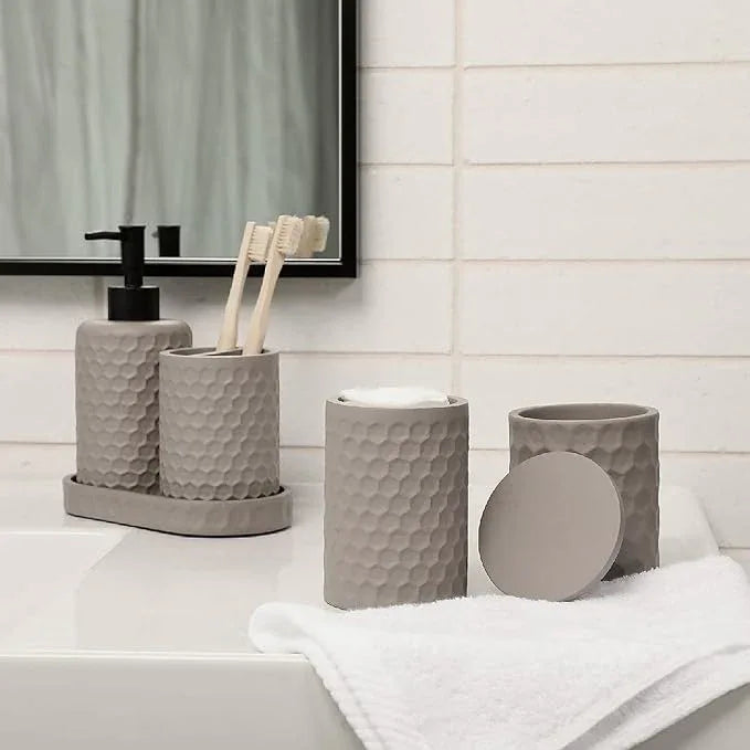 zccz 6 Piece Bathroom Accessories Set, Toothbrush Holder, Toothbrush Cup, Soap Dispenser,Bathroom Vanity Tray, Qtip Holder, Trash Can - Cement - ModernBath