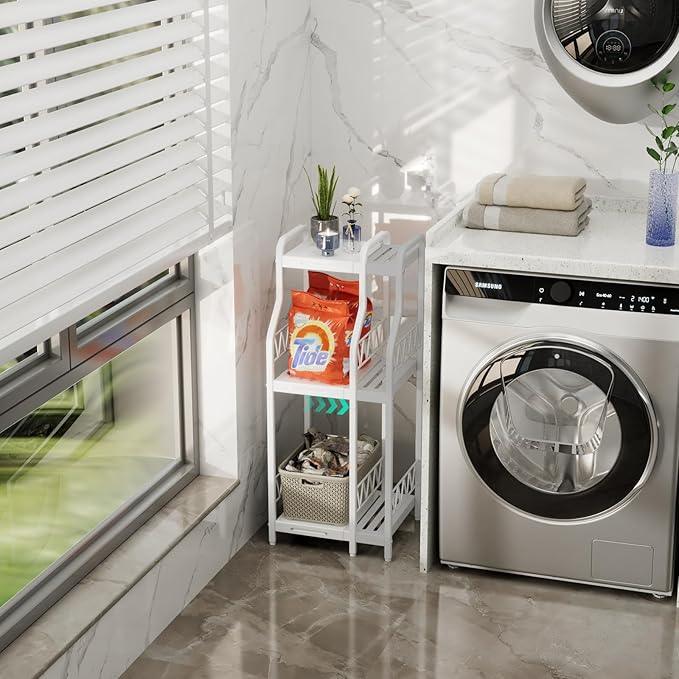 HapiRm Bathroom Shelf Unit Organizer - 3 Tier Expandable Narrow Shelf, Metal Free-Standing Shelves, Open Floor Rack Slim Storage Cabinet, Ideal for Bathroom, Laundry, Kitchen Organization (White) - ModernBath