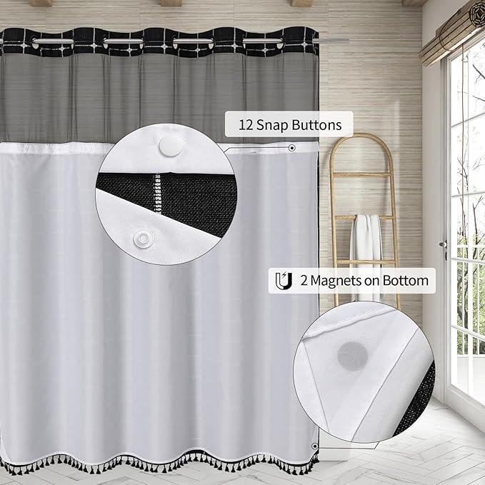 No Hooks Required Farmhouse Shower Curtain with Snap-in Liner - with Window & Magnets, Boho Cotton Linen Fabric Shower Curtains with Tassels for Rustic Bathroom Decor, Black and White, 72 x 74 - ModernBath