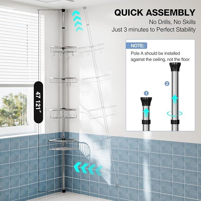 Corner Shower Caddy Tension Pole: Stainless Steel Rustproof 4-Tier Shower Organizer - 47-121 inch Adjustable Bathroom Shelves for Bathtub Shampoo Storage - Tension Rod Floor Standing Bath Rack -Silver - ModernBath