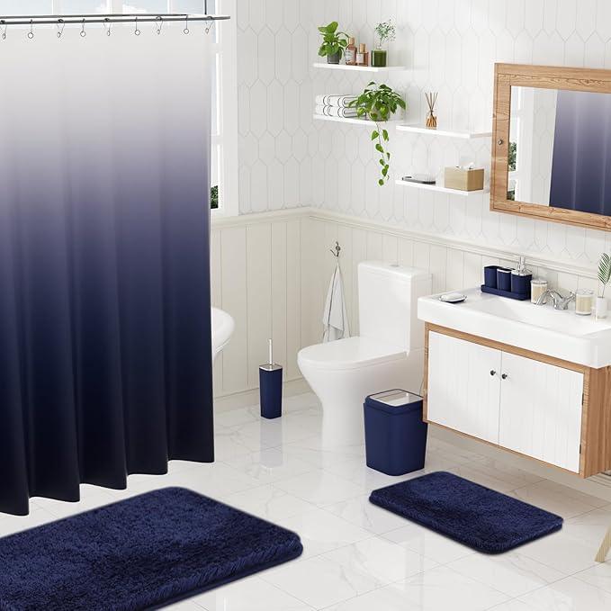 XLHOMO 24PC Navy Blue Bathroom Set with Shower Curtain and Rugs, Blue Bathroom Sets Complete with Trash Can,Soap Dispenser,Soap Dish,Toilet Brush,Toothbrush Holder and Cup,Tray,Q-Tip Holders - ModernBath