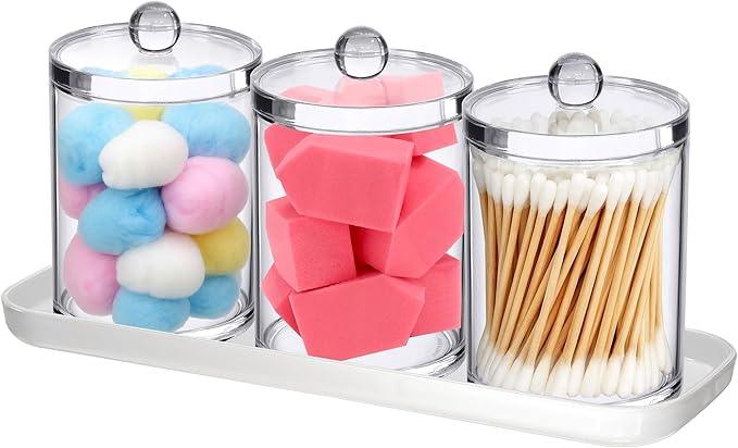 Amazing Abby - Catalina - Clear Acrylic Bathroom Canister with White Tray (4-Piece Set), Plastic Apothecary Jars with Lids, Bathroom Organizers for Q-tips, Cotton Balls, Floss Picks, Sponges, and More - ModernBath