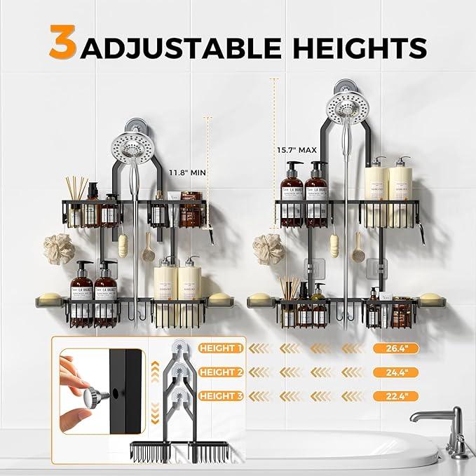 REINHARDT Aluminum Shower Caddy Hanging Adjustable Shower Caddy, Rustproof Hanging Shower Organizer with Hooks Soap Holders, Over Shower Head Caddy for Handheld Showerhead, Black - ModernBath