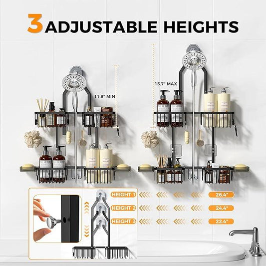 REINHARDT Aluminum Shower Caddy Hanging Adjustable Shower Caddy, Rustproof Hanging Shower Organizer with Hooks Soap Holders, Over Shower Head Caddy for Handheld Showerhead, Black - ModernBath