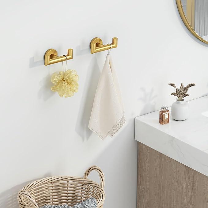 Angle Simple Towel Double Hook Brassy Gold 2 PCS, SUS304 Stainless Steel Bathroom Hand Towel Holder, Double Robe Hook, Wall Mount - ModernBath