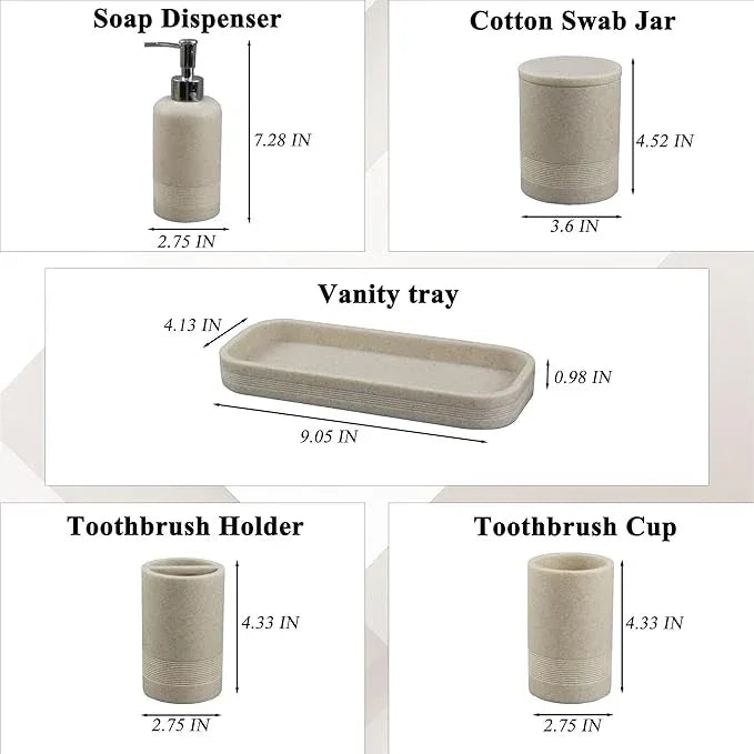 LIN CHUAN 6-Piece Bathroom Accessories Set, Bathroom Accessory Set with Soap Dispenser, Toothbrush Holder Set, Vanity Tray, Tumbler & 2 Cotton Swab Jars, Modern Stylish Bathroom Organizer(Beige) - ModernBath