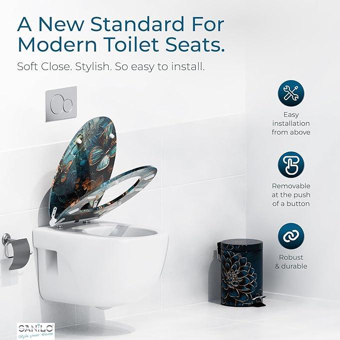Sanilo Wooden Toilet Seat with Quick Release & Soft Close [ELONGATED] - Decorative & Slow Close Molded Wood Seat - With One Click for Easy Installation & Cleaning - With Adjustable Fit (Mariposa) - ModernBath