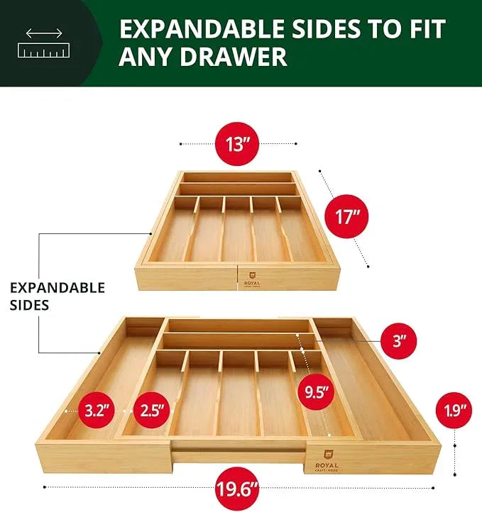 ROYAL CRAFT WOOD Luxury Bamboo Kitchen Drawer Organizer - Silverware Organizer, Utensil Holder & Cutlery Tray Drawer Dividers for Flatware (9 Slot, Natural) - ModernBath