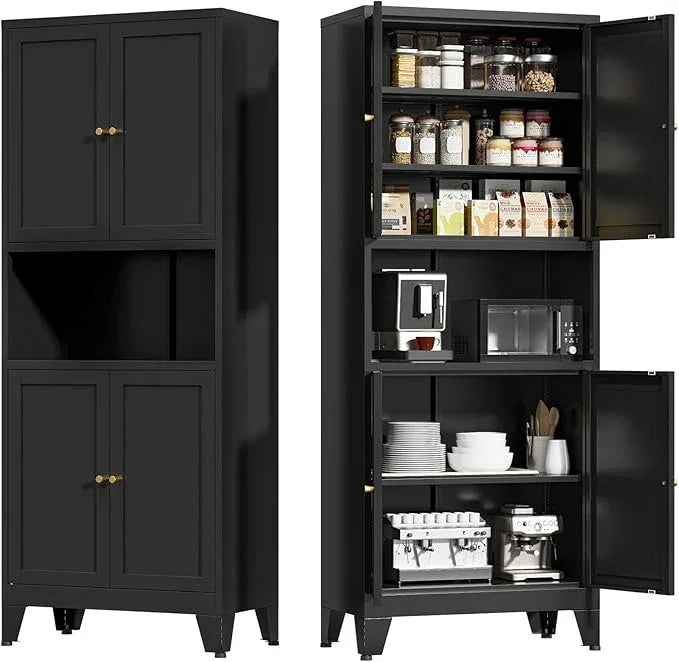 Metal Kitchen Pantry Cabinet, 69" Tall Storage Cabinet with 4 Doors and 3 Adjustable Shelves, Freestanding Cupboards for Dining Room, Living Room, Bathroom (Black, 69" H) - ModernBath