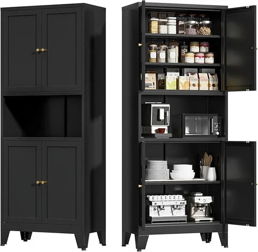Metal Kitchen Pantry Cabinet, 69" Tall Storage Cabinet with 4 Doors and 3 Adjustable Shelves, Freestanding Cupboards for Dining Room, Living Room, Bathroom (Black, 69" H) - ModernBath