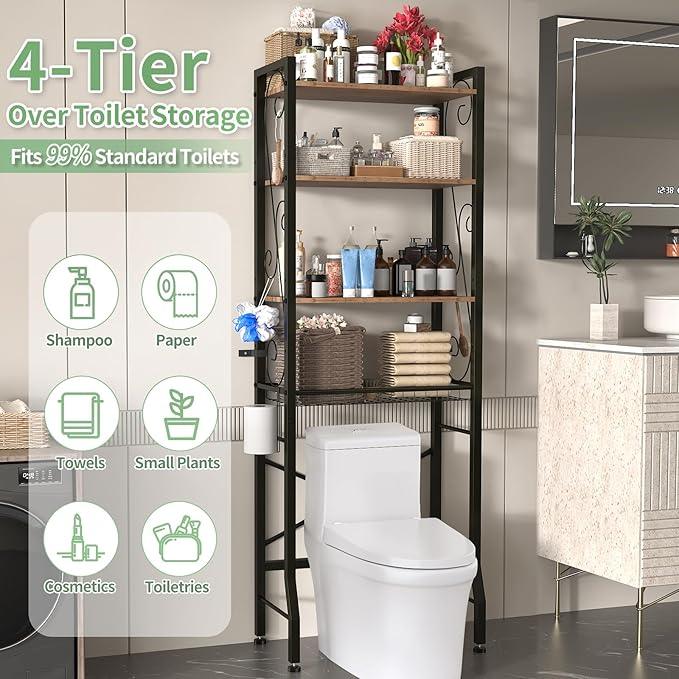 Over-The-Toilet Storage Rack 4-Tier,Bathroom Organizer Shelf Over Toilet,Adjustable Wooden Shelves and Basket,Freestanding Above Toilet Shelf,Space Saver for Rooms(Black Rack-Rustic Brown Shelves) - ModernBath